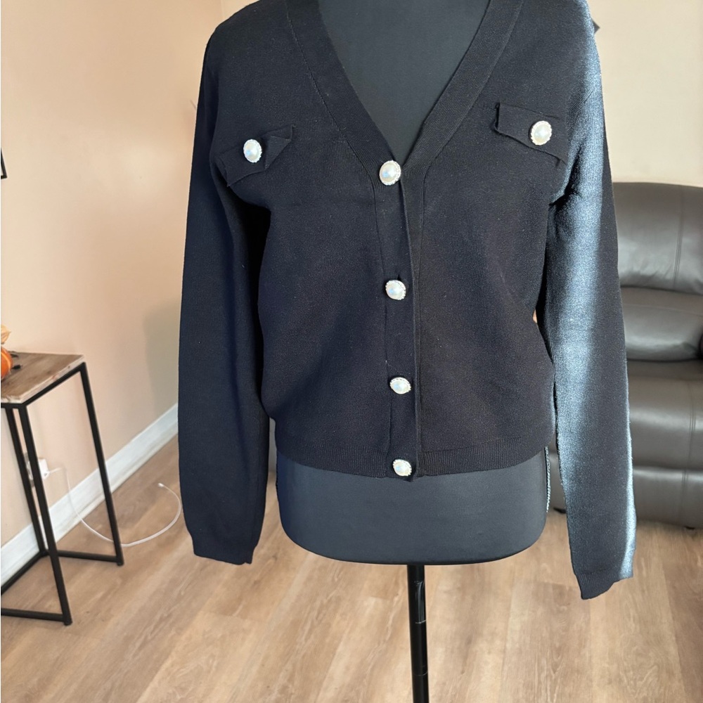 Black Cardigan with Pearl Buttons